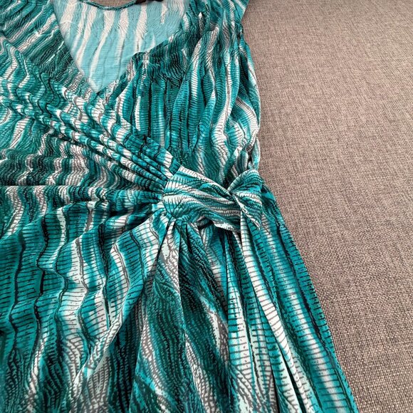 BCBG Maxazria faux Wrap Dress Teal Sleeveless Small V-Neckline Tie Side Stretchy - Picture 6 of 14